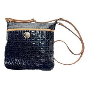 Tommy Hilfiger Black Shoulder Purse Crossbody Embossed TH Logo Brown Strap